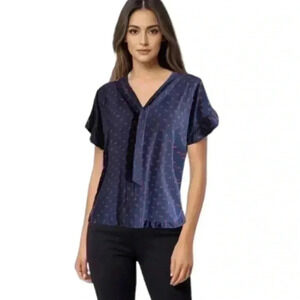 Michael Michael Kors Top Tie Neck Navy Blue Red Print Ruffled Women's size Small